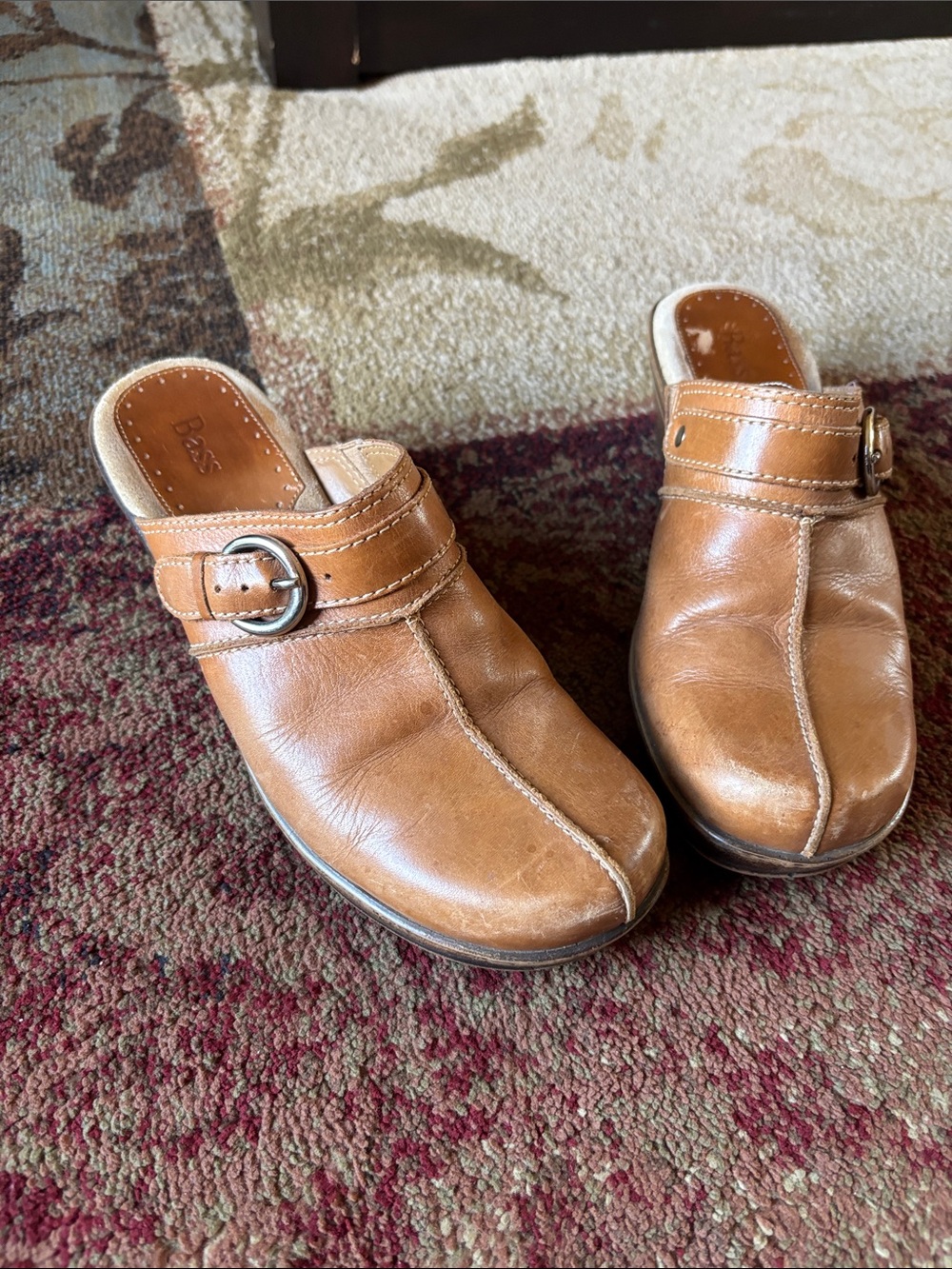 Bass Leona Brown Leather Mule Slides with Buckle- Size 7